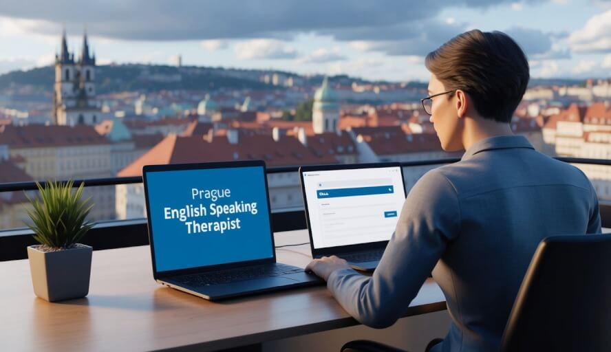 A person in Prague searching online for "English speaking therapist" while sitting at a desk with a laptop and a city skyline in the background