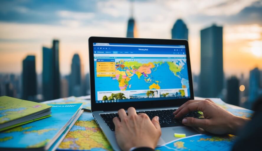 A person browsing a laptop, surrounded by maps and travel guides, with a city skyline in the background