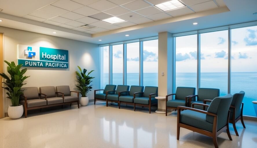 A serene waiting room with modern decor and comfortable seating at Hospital Punta Pacifica, Panama City