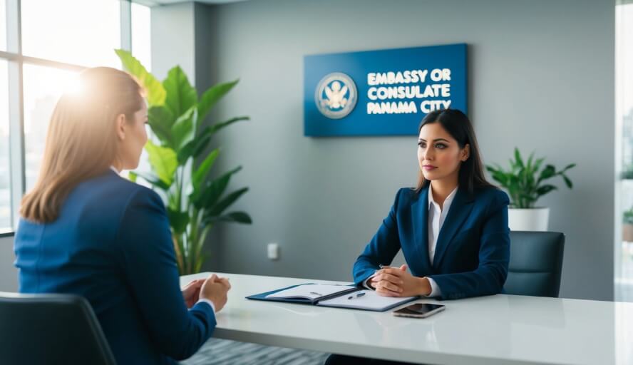 A person seeking guidance at an embassy or consulate in Panama City to find an English-speaking therapist