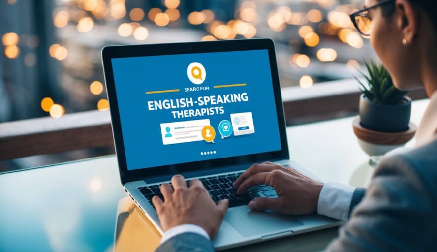 A person using a laptop to search for English-speaking therapists in Panama City