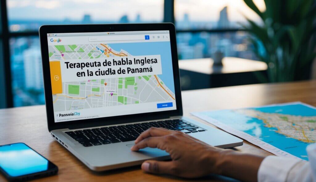A person searching online for "terapeuta de habla inglesa en la ciudad de Panamá" with a laptop and a map of Panama City