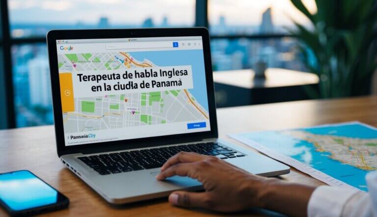 A person searching online for "terapeuta de habla inglesa en la ciudad de Panamá" with a laptop and a map of Panama City