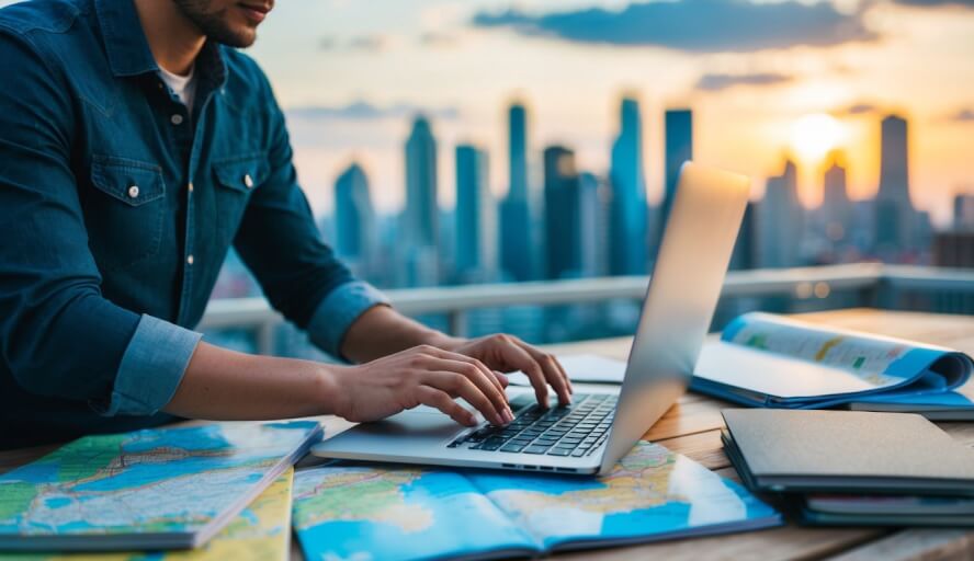 A person browsing a laptop, surrounded by maps and travel guides, with a city skyline in the background