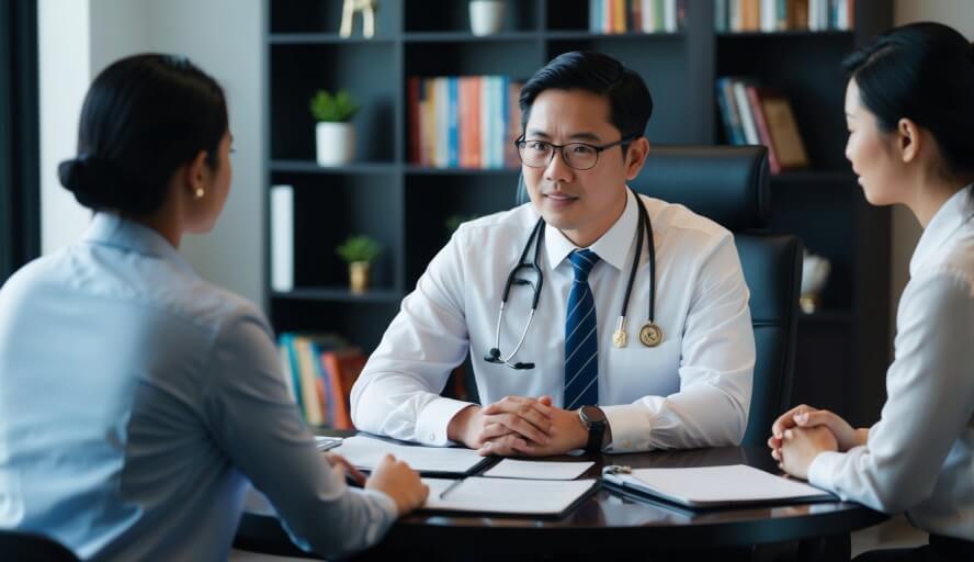 An individual consulting with embassy staff for therapist recommendations in Bangkok