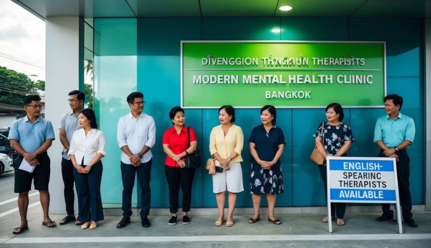 A diverse group of people wait outside a modern mental health clinic in Bangkok, with a sign indicating English-speaking therapists available