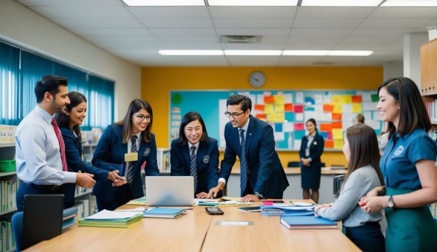 A bustling international school office with staff assisting parents and students