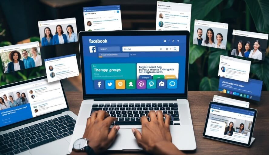 A person browsing a laptop, surrounded by open tabs of therapy-related Facebook groups and search results for English-speaking therapists in Bangkok