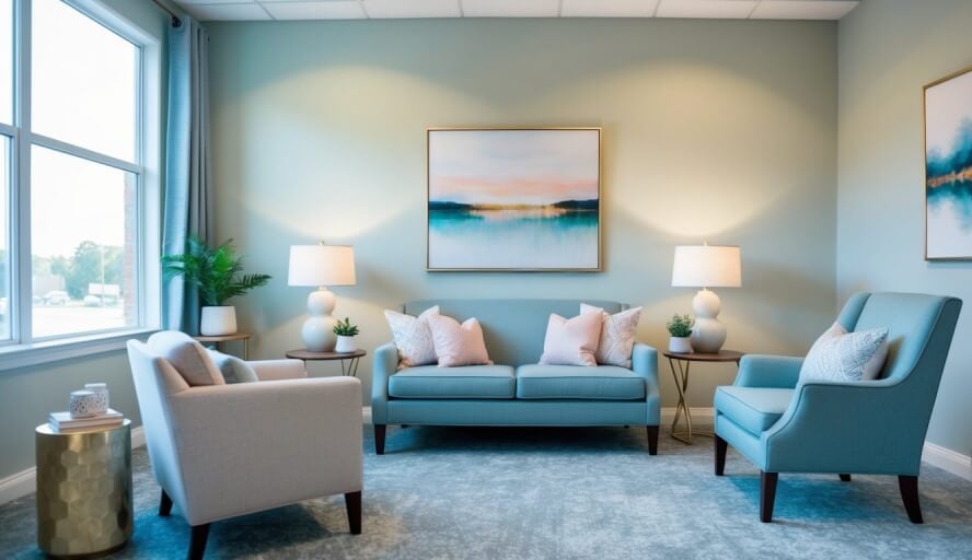 A serene office with a comfortable couch, soft lighting, and calming decor, creating a welcoming environment for therapy sessions