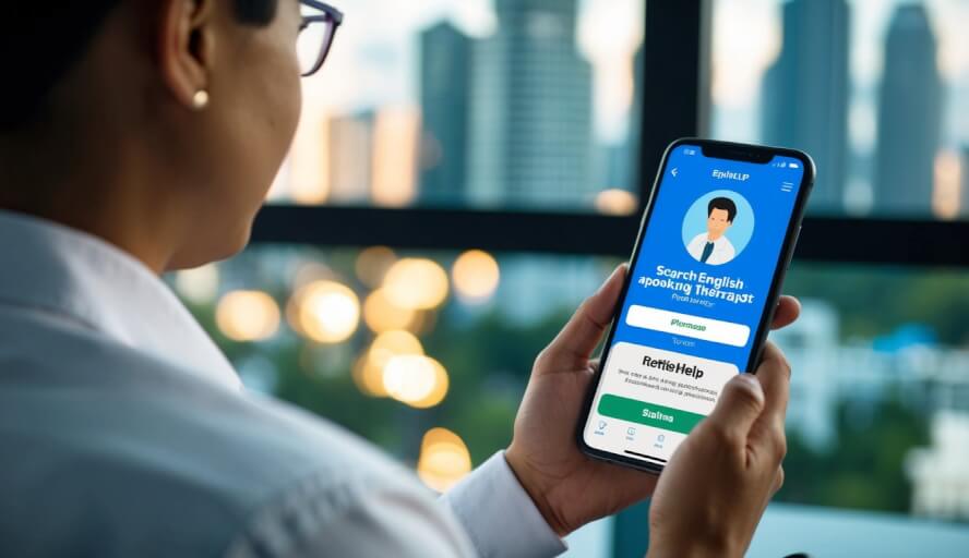A person in Kuala Lumpur using a smartphone to search for an English-speaking therapist on the BetterHelp app