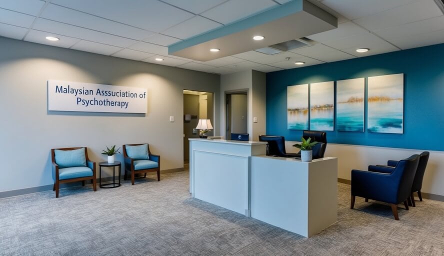 A serene office with a reception desk and waiting area, adorned with calming artwork and comfortable seating. A sign on the wall reads "Malaysian Association of Psychotherapy."