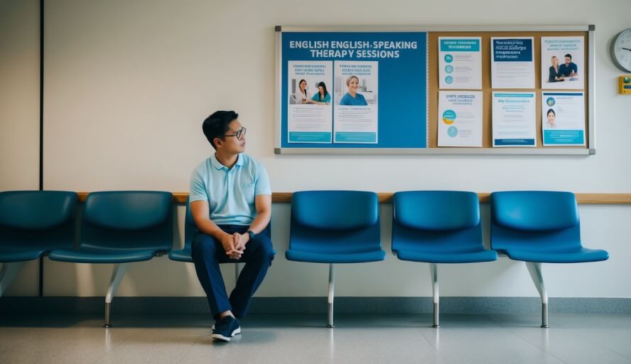 A person sitting in a hospital waiting room, looking at a bulletin board with flyers for English-speaking therapy sessions in Kuala Lumpur