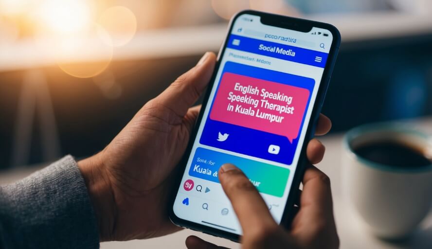 A person scrolling through social media, searching for "English speaking therapist in Kuala Lumpur" on their phone