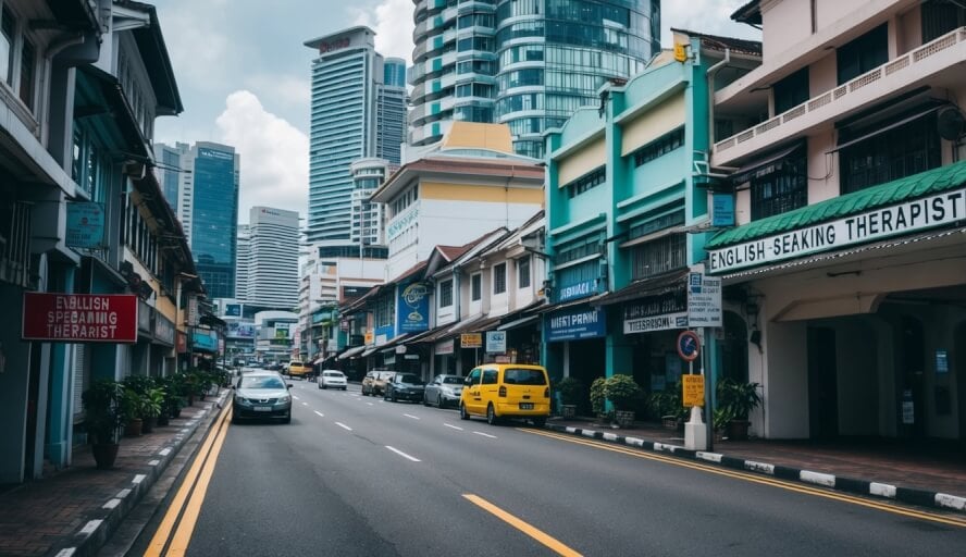 A bustling city street in Kuala Lumpur, with a diverse array of buildings and signs, including one for an English-speaking therapist