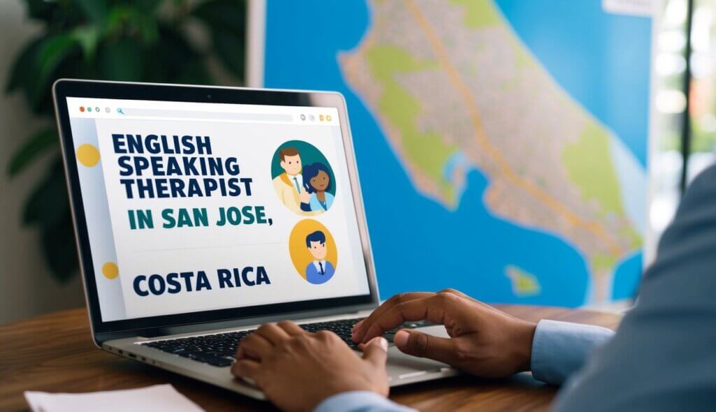 A person searching online for "English speaking therapist in San Jose, Costa Rica" on a laptop with a map of the city in the background