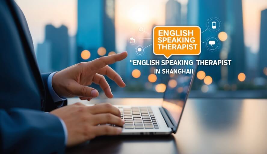 A person searching online for "English speaking therapist in Shanghai."