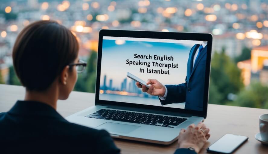 A person searching online for "English speaking therapist in Istanbul" using a computer or smartphone