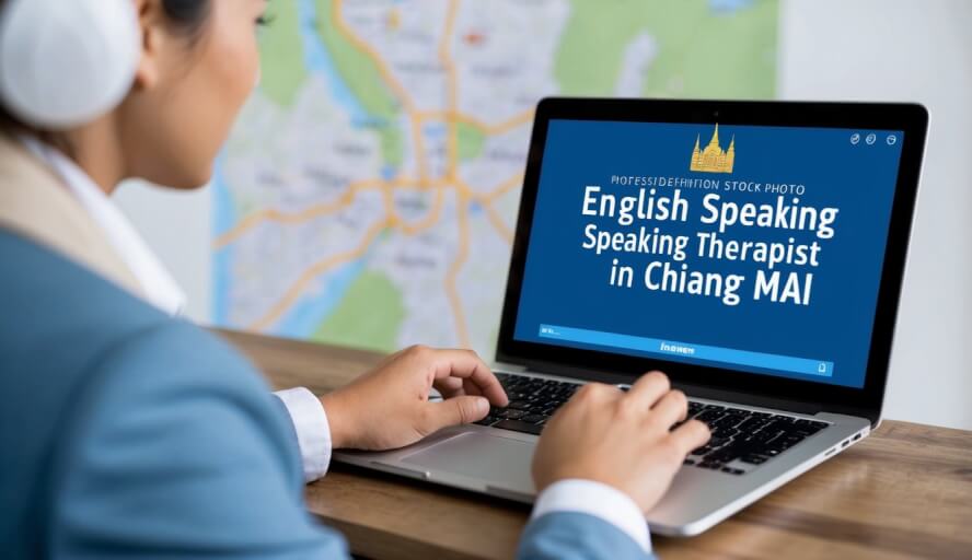 A person using a laptop to search for "English speaking therapist in Chiang Mai" with a map of the city in the background