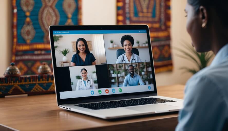 A laptop displaying a video call between a therapist and a client, with traditional Ethiopian artwork and decor in the background
