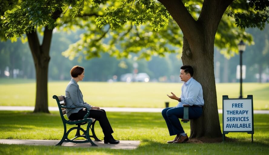 A serene park with a bench under a tree, where a person is talking to a therapist. Nearby, a sign reads "Free Therapy Services Available." in Arlington, VA.