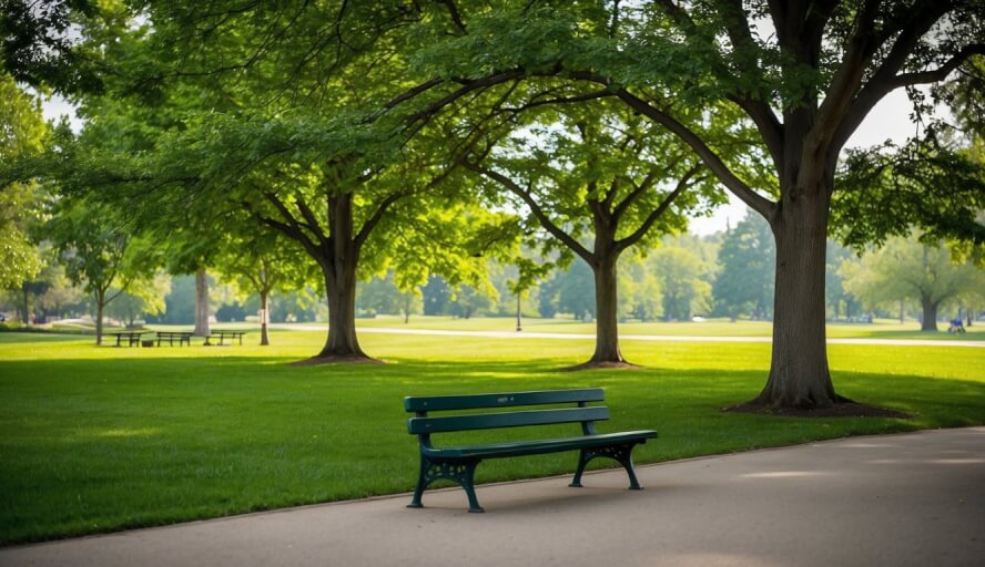 A serene park setting with a bench and trees, suggesting a peaceful outdoor location for low-cost therapy in Naperville, IL