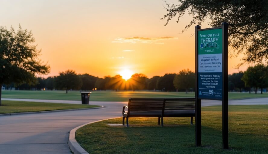 A serene park with a bench, a warm sunset, and a signpost with information on free or low-cost therapy options in Plano, TX