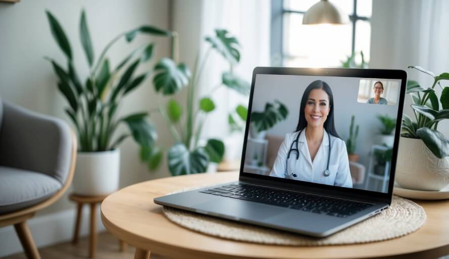 A laptop displaying a video call with a therapist, surrounded by a calming environment with plants and a cozy chair