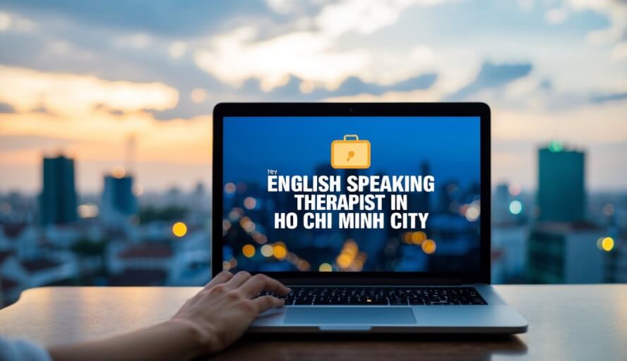 A person using a laptop to search for "English speaking therapist in Ho Chi Minh City" with a cityscape in the background