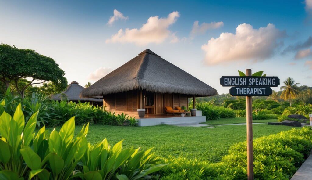 A serene Balinese landscape with a traditional hut nestled among lush greenery, a signpost indicating "English Speaking Therapist" in the distance