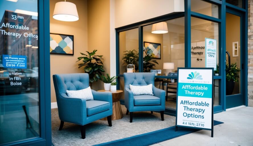 A cozy office with comfortable chairs and calming decor, located in downtown Boise. A sign outside advertises affordable therapy options