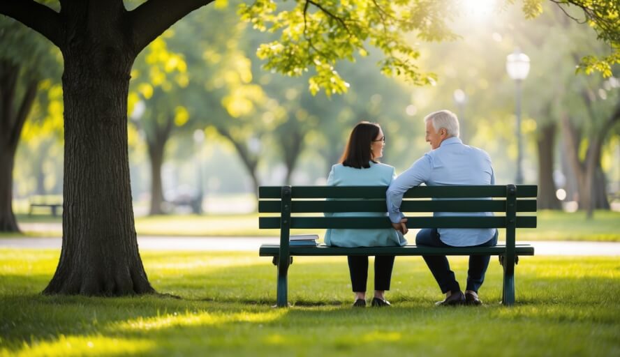 A serene park with a bench under a tree, where a counselor and client engage in a therapy session in Lombard, IL
