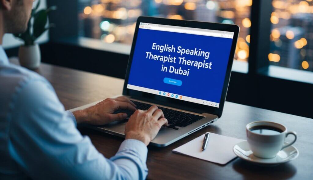 A person using a laptop to search for "English speaking therapist in Dubai" while sitting at a desk with a cup of coffee