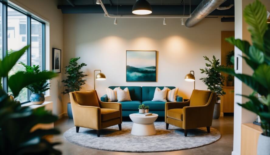 A cozy office in Portland, OR with comfortable seating and warm lighting, surrounded by lush greenery and calming artwork