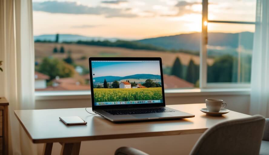A laptop on a desk in a cozy room with a view of the Bosnian countryside, a comfortable chair, and soft lighting