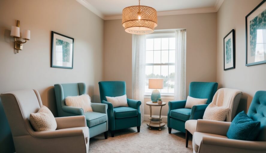 A cozy room with comfortable chairs and soft lighting, a welcoming atmosphere for therapy sessions