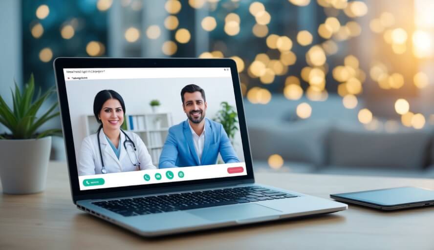 A laptop displaying a video call between a therapist and a client in Syria, with a peaceful and welcoming background