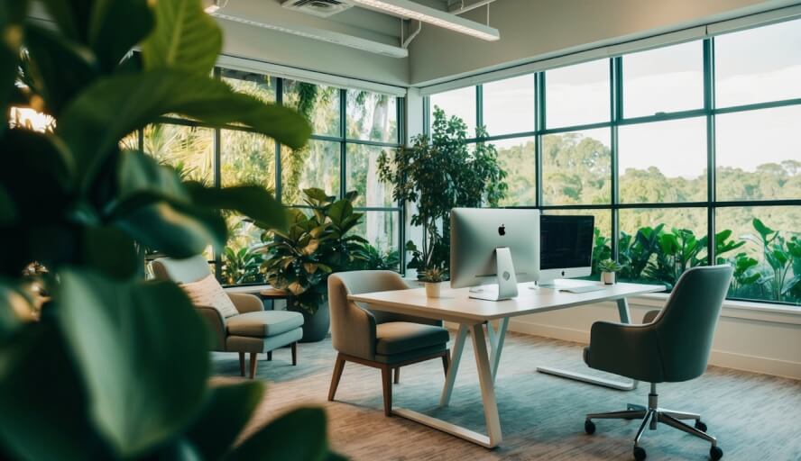 A serene office with a desk, computer, and a cozy seating area, surrounded by lush greenery and natural light streaming in through large windows