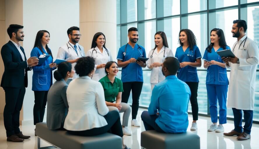A diverse group of people inquiring about English-speaking therapists at a modern international health center in Dubai