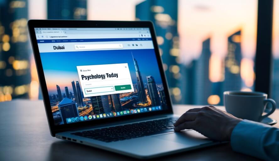 A laptop displaying a global platform like Psychology Today, with a search bar and the city "Dubai" entered