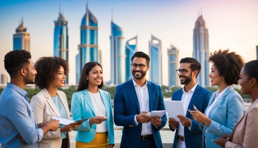 A diverse group of people in a vibrant city, exchanging information and advice on finding an English-speaking therapist in Dubai