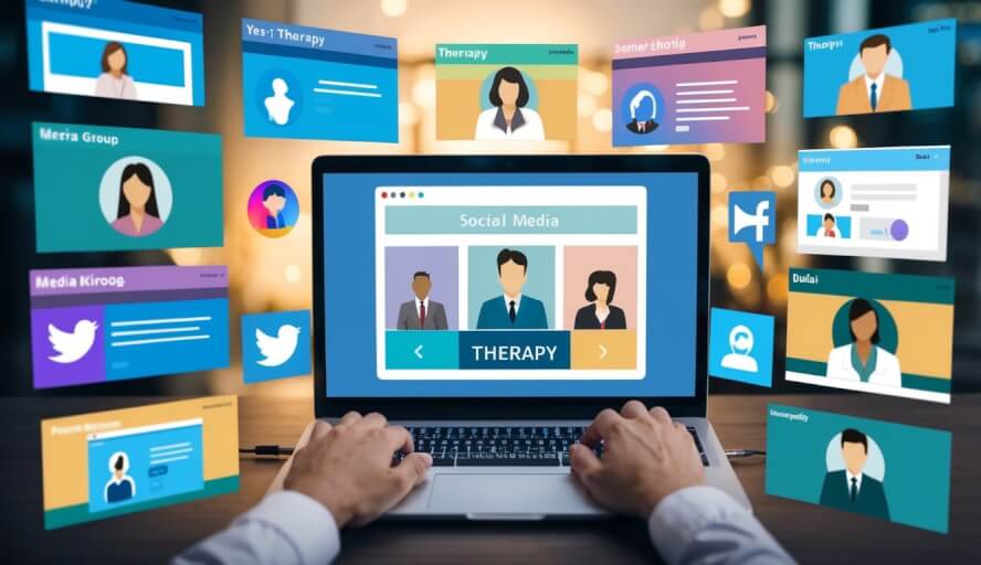 A person browsing a laptop, surrounded by various social media group windows discussing therapy and searching for an English-speaking therapist in Dubai