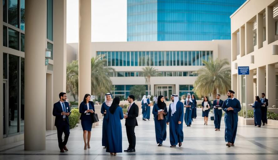 A bustling university campus in Dubai, with students and faculty engaged in discussions about psychology programs. A sign points to the counseling center for English-speaking therapists