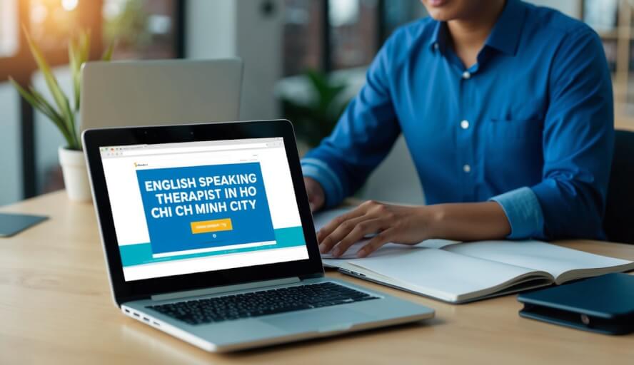 A person sitting at a desk with a laptop, searching for "English speaking therapist in Ho Chi Minh City" on the internet