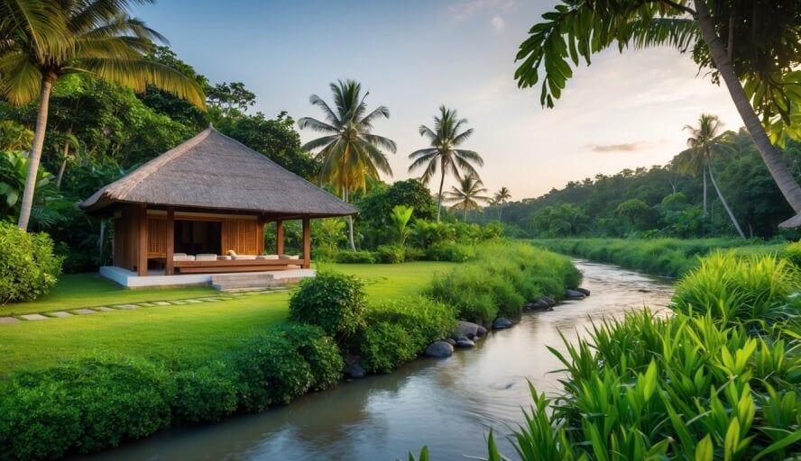 A serene Balinese landscape with a traditional therapy hut nestled among lush greenery, with a tranquil river flowing nearby