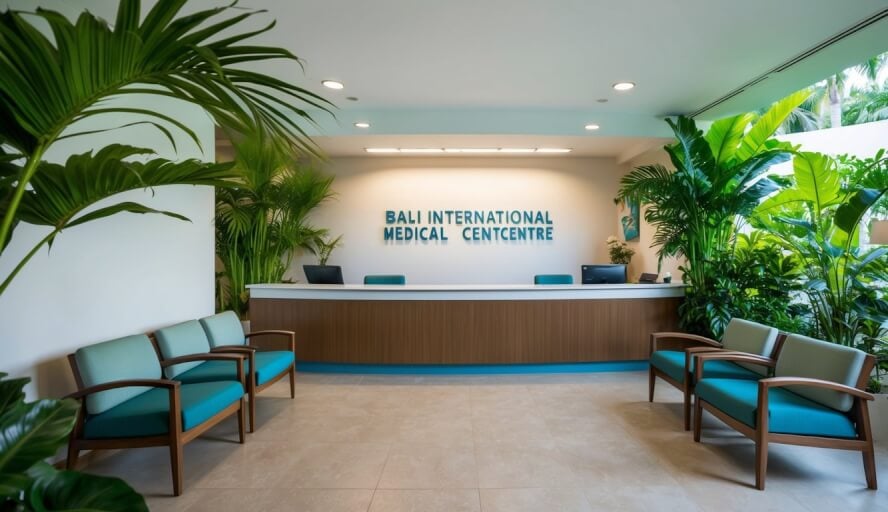 A serene waiting area at Bali International Medical Centre, with a reception desk and comfortable seating, surrounded by lush tropical greenery