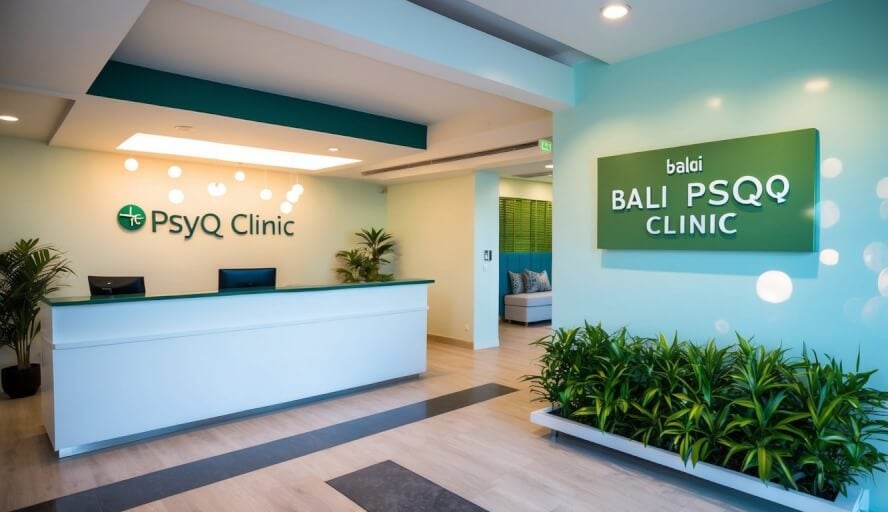 A serene, modern clinic in Bali with a sign for "Bali PsyQ Clinic" and a welcoming reception area