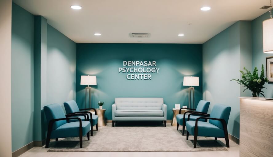 A serene waiting room with comfortable chairs, soft lighting, and a reception desk. A sign on the wall reads "Denpasar Psychology Center."