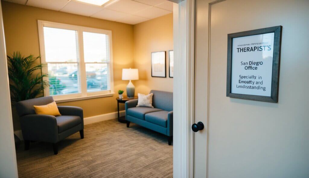 A therapist's office in San Diego, with warm lighting and comfortable seating. A sign on the door indicates they specialize in empathy and understanding