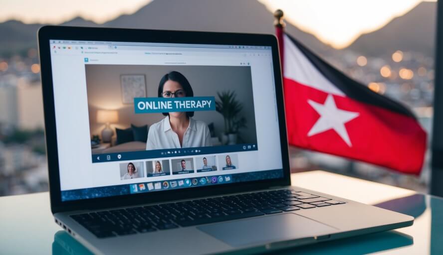 A laptop displaying an online therapy session, with the Gibraltar flag in the background and a peaceful, serene atmosphere