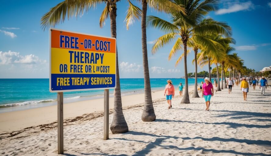 A sunny beach with a colorful sign advertising free or low-cost therapy services, surrounded by palm trees and people walking along the shore